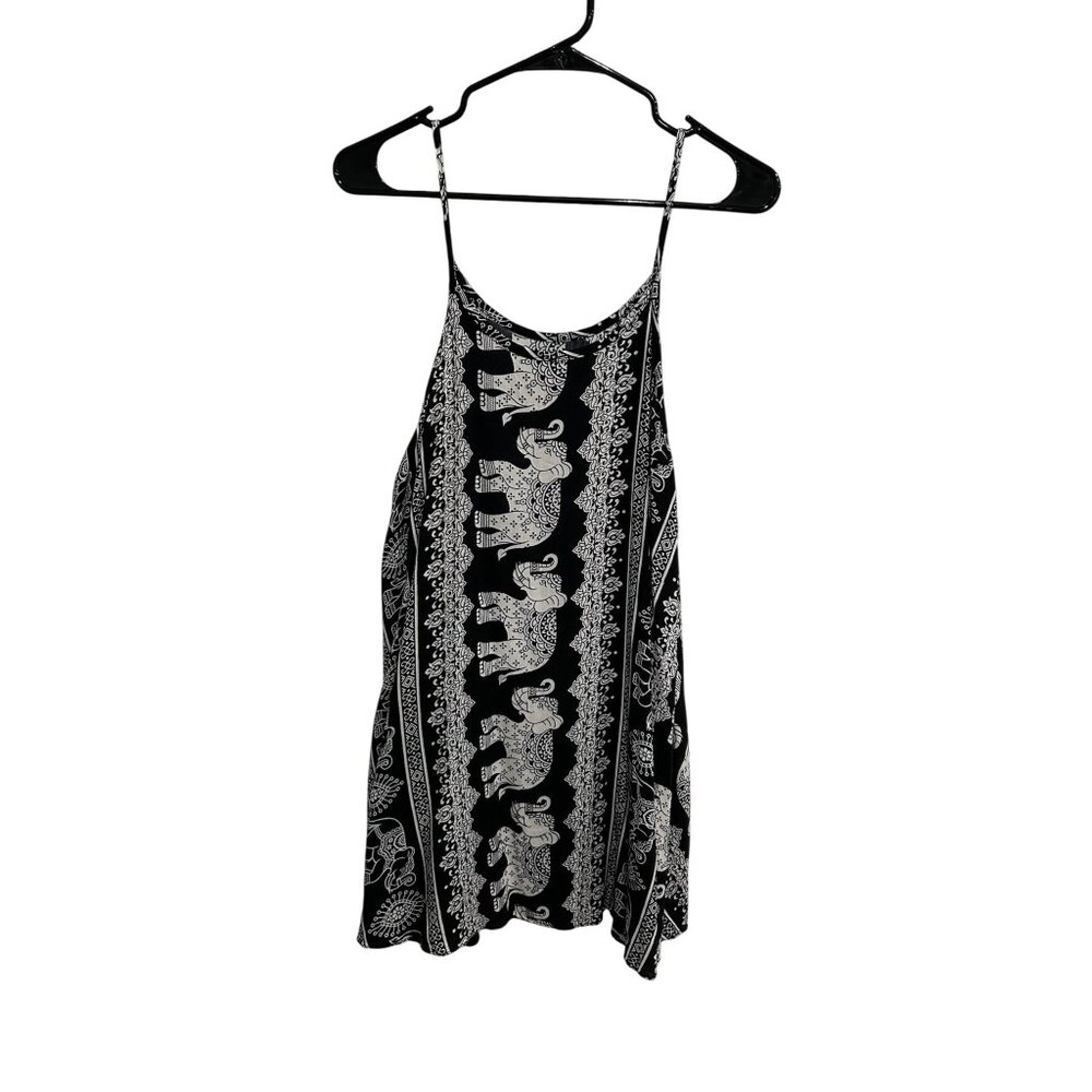 Boutique Black White Elephant Print Spaghetti Strap Top Sz Small